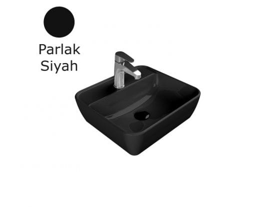 turkuaz cerastyle 46x42 tezgah ustu batarya delikli lavabo parlak siyah
