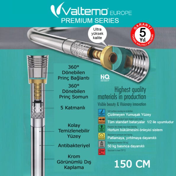 Valtemo 150 Cm, NeoFlex Pvc, Gold - Sarı Duş Hortumu (VS-272) 34 Valtemo Vs-272 Gold Sarı Duş Hortumu Kutu Özellikler