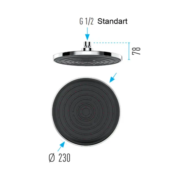 valtemo vs-9498 krom siyah tepe duş başlığı ölçüleri boyutu