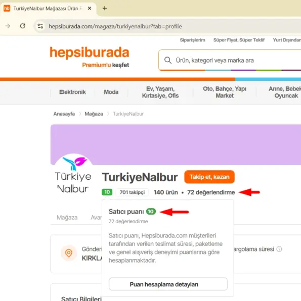 TurkiyeNalbur.Com Hepsiburada Mağaza Puanı 10