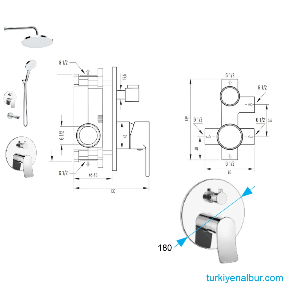 valtemo-valero-4406-3-yollu-yonlendirici-teknik-ozellikleri-boyutu Valtemo Valero VS-4406 Krom Ankastre Duş Seti Bağlantı Şeması