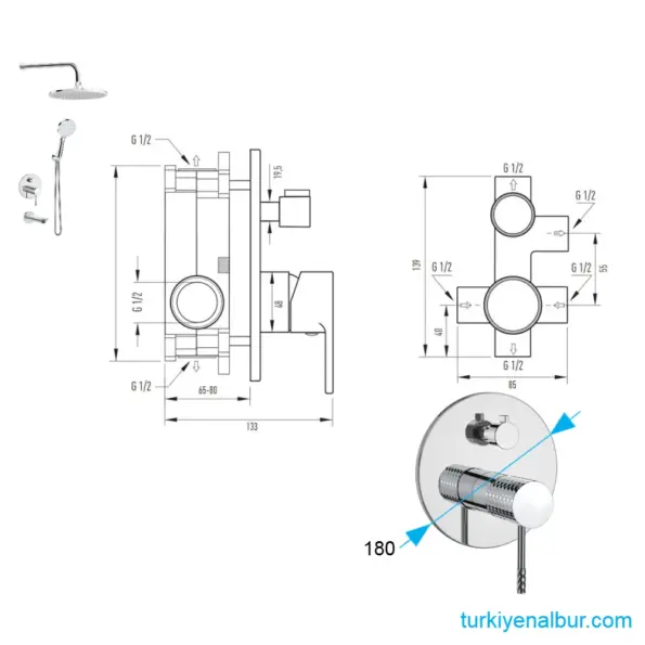 Valtemo Iconic VS-4416 Krom Ankastre Duş Seti Bağlantı Şeması Ölçüsü