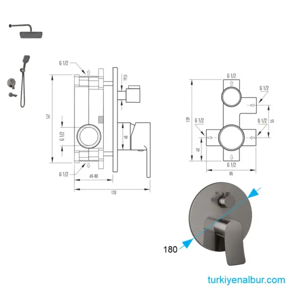 Valtemo Valero VS-4408 ArtGray - Antrasit Ankastre Duş Seti - 3 Yollu 2 Valtemo Valero VS-4408 ArtGray Antrasit Ankastre Duş Seti Şeması Ölçüleri