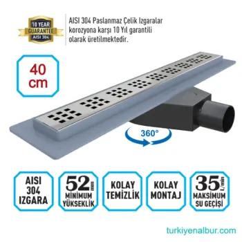 Paslanmaz Çelik (İnox) 40cm Lineer Duş Kanalı