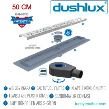 Koku Önleyicili, Filitreli, 360 Döner Sifonlu Dushlux Luxline Serisi Punto Kare Delikli Tasarım 50cm Uzunluğunda 50mm Çapında Yandan Çıkışlı Linear Duş Kanalı - Paslanmaz Çelik (İnox)