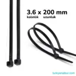 Siyah Plastik Cırt Kelepçe Kablo Bağı 3.6x200 mm